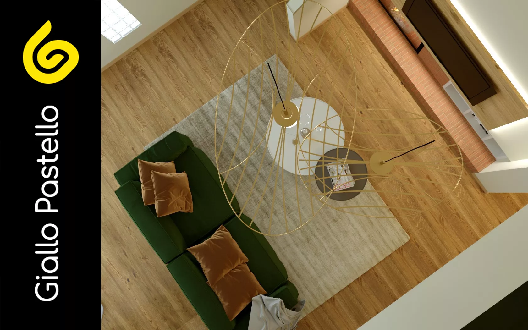 Rendering 3D: salotto vista alto - Rinnovo Appartamento - Giallo Pastello Interior Design Brescia